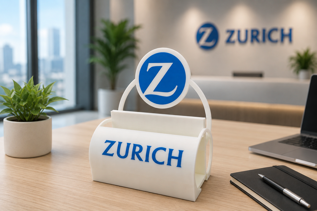 3D-gedruckter ZURICH Visitenkartenhalter mit Logo – Premium Büroaufsteller für Versicherung, Empfang &amp; Schreibtisch