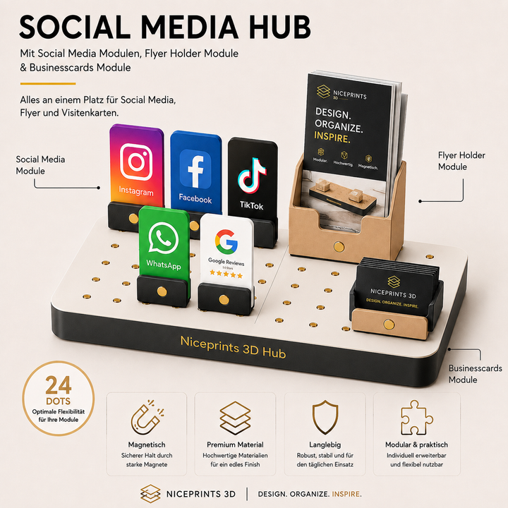 Social Media Hub – Niceprints 3D Hub mit Social Media Modulen, Flyer Holder und Businesscards Module in Schwarz/Gold