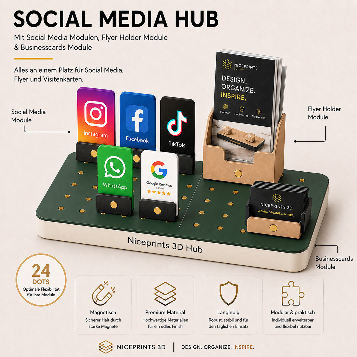 Social Media Hub – Niceprints 3D Hub in Dunkelgrün mit Social Media Modulen, Flyer Holder und Businesscards Module