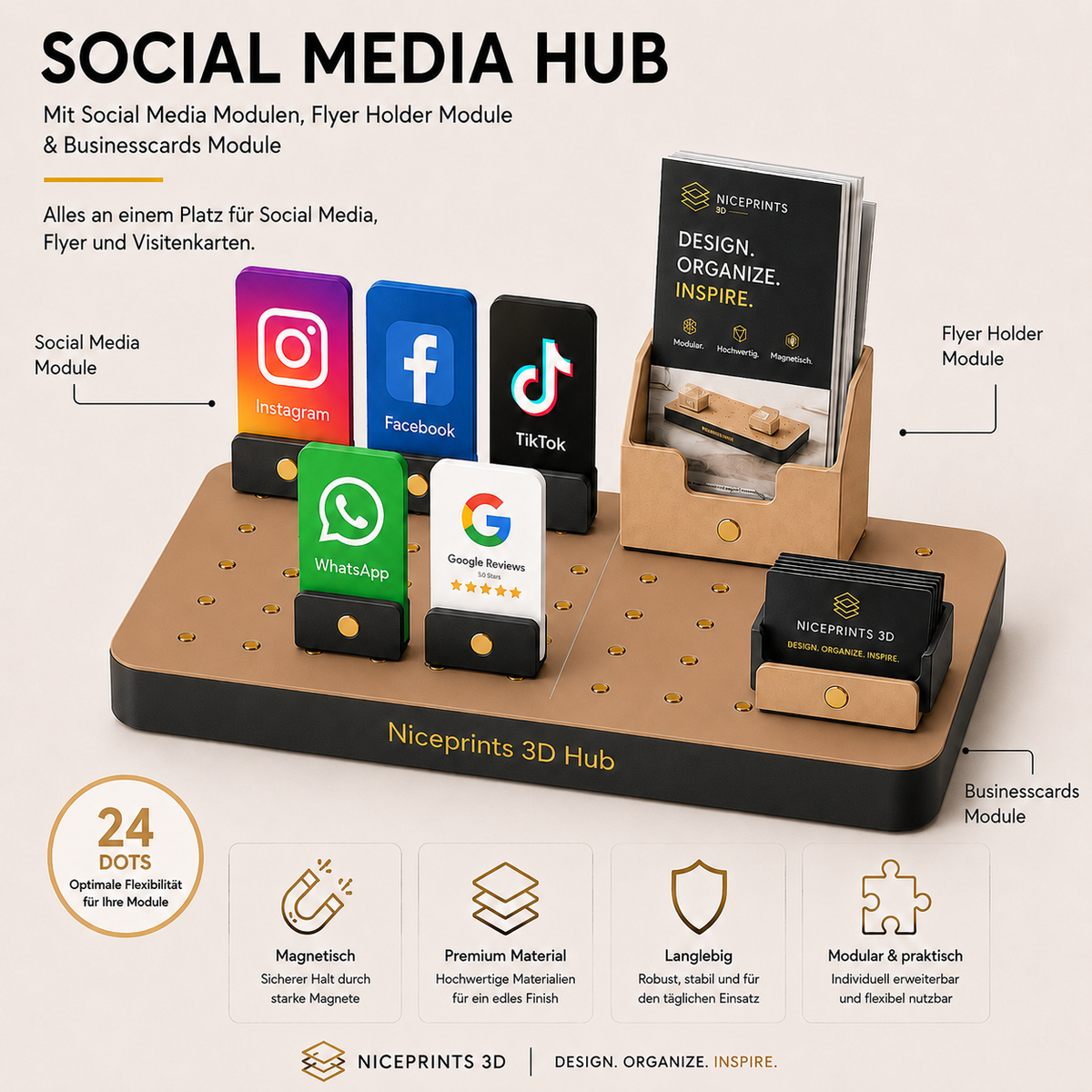 Social Media Hub – Niceprints 3D Hub in Gold/Kupfer mit Social Media Modulen, Flyer Holder und Businesscards Module