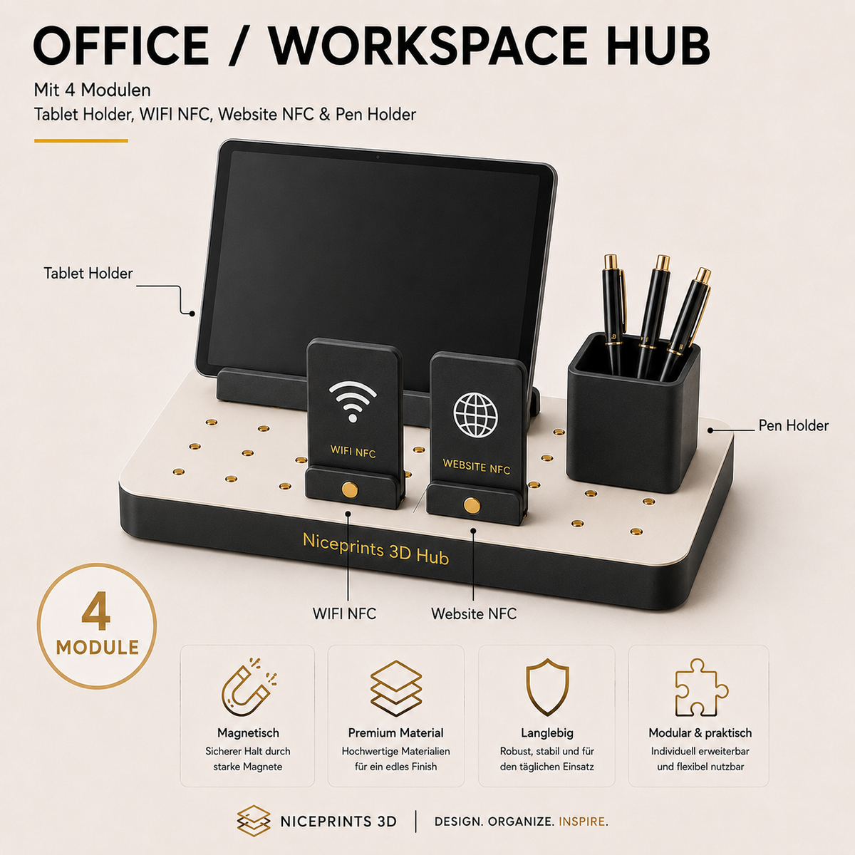 Office / Workspace Hub – Niceprints 3D Hub mit 4 Modulen: Tablet Holder, WIFI NFC, Website NFC & Pen Holder