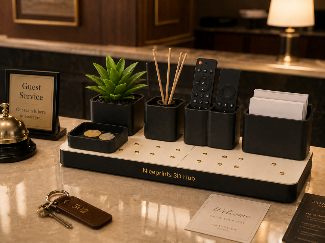 Niceprints 3D Hub – hotel reception lifestyle shot with warm ambient lighting
