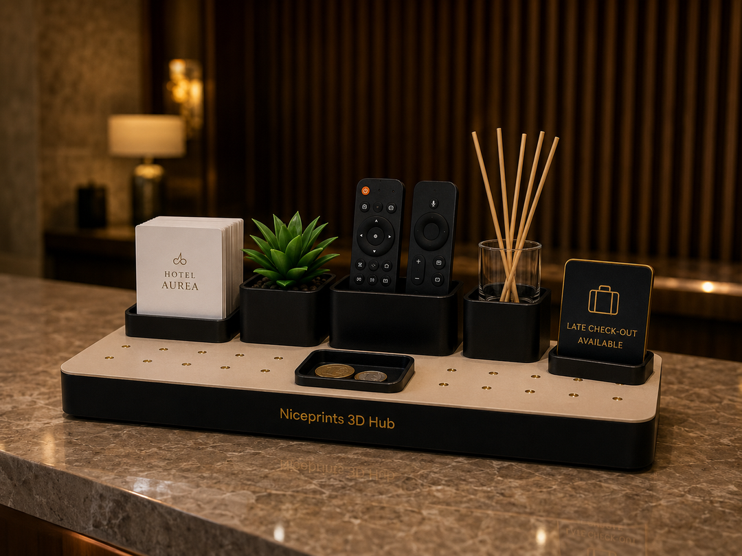 Niceprints 3D Hub – hotel reception front view with reed diffuser and remote holder