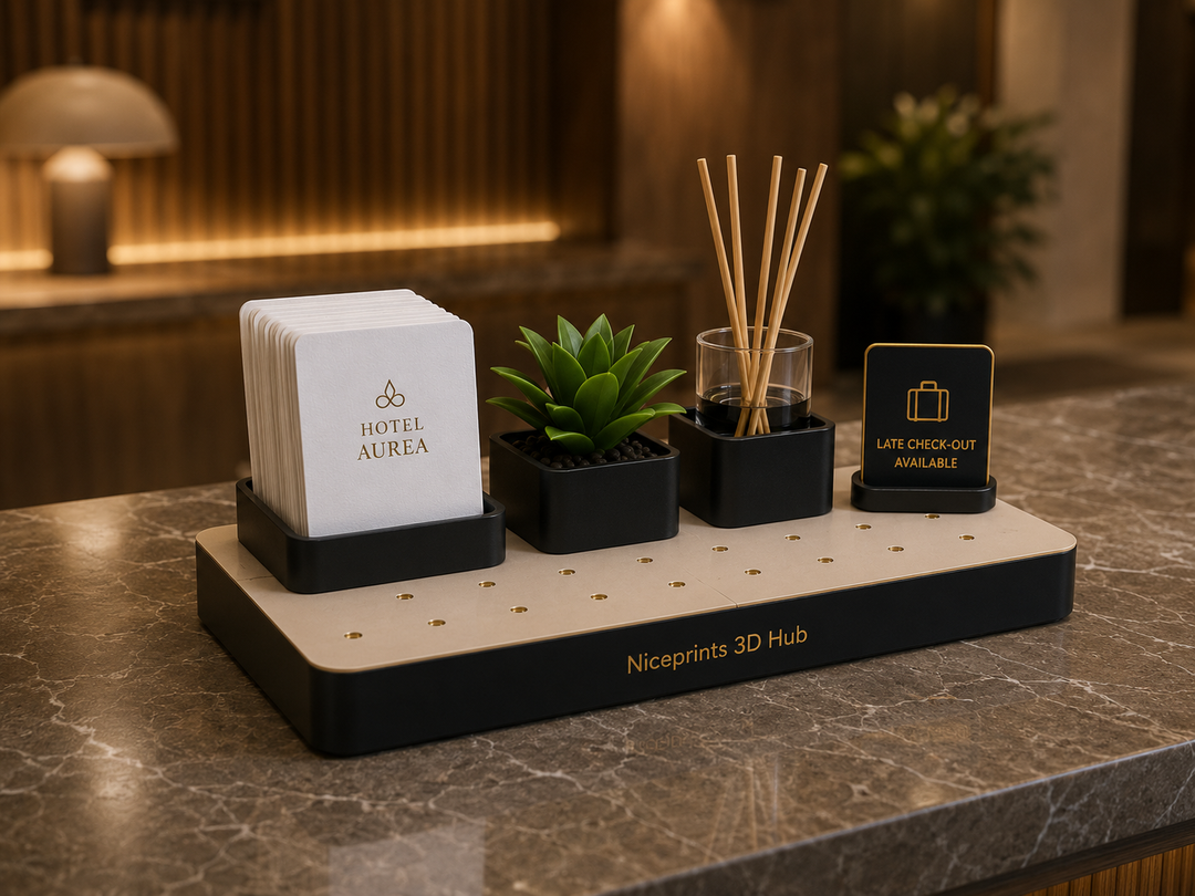Niceprints 3D Hub – hotel reception side view with branded card tray and plant module
