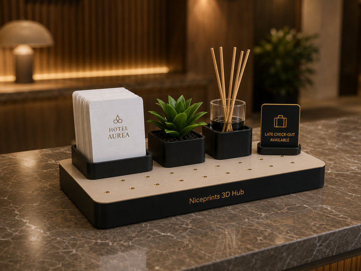 Niceprints 3D Hub – hotel reception side view with branded card tray and plant module