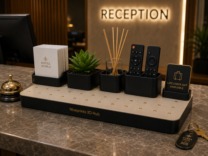 Niceprints 3D Hub – hotel reception angled view with all modules arranged on marble