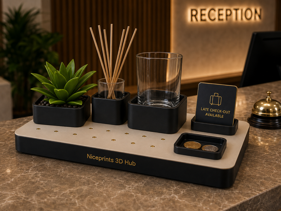 Niceprints 3D Hub – grand hotel reception desk with guest service sign and key fob