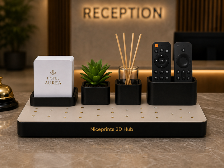 Niceprints 3D Hub – hotel lobby setup with remote holders, reed diffuser and coin tray