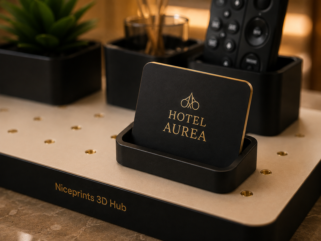 Niceprints 3D Hub – compact hotel reception layout with card tray, plant and info stand