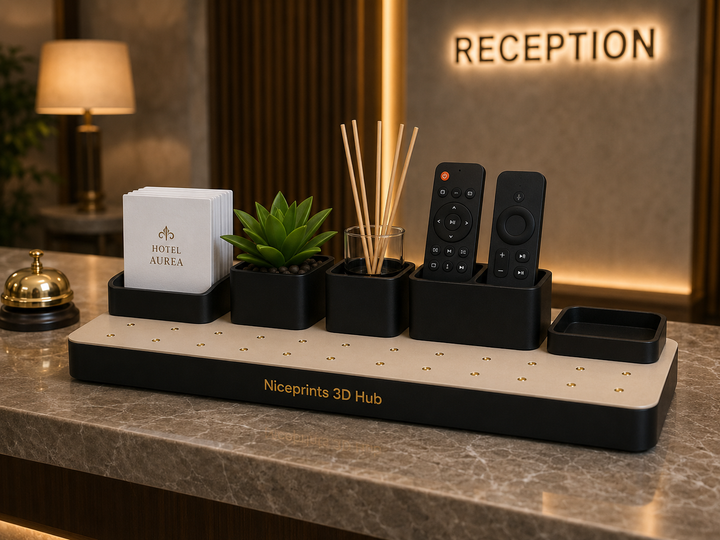 Niceprints 3D Hub – full hotel reception configuration with Hotel Aurea branding and room key
