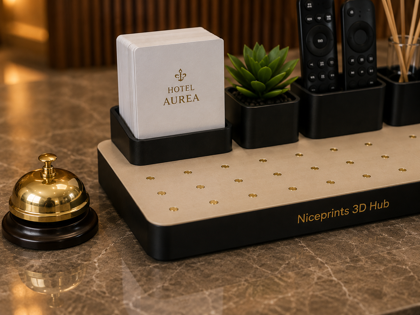Niceprints 3D Hub – hotel reception setup with glass, coin tray and late check-out info card