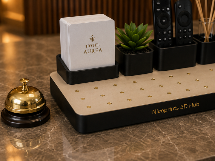 Niceprints 3D Hub – hotel reception setup with glass, coin tray and late check-out info card