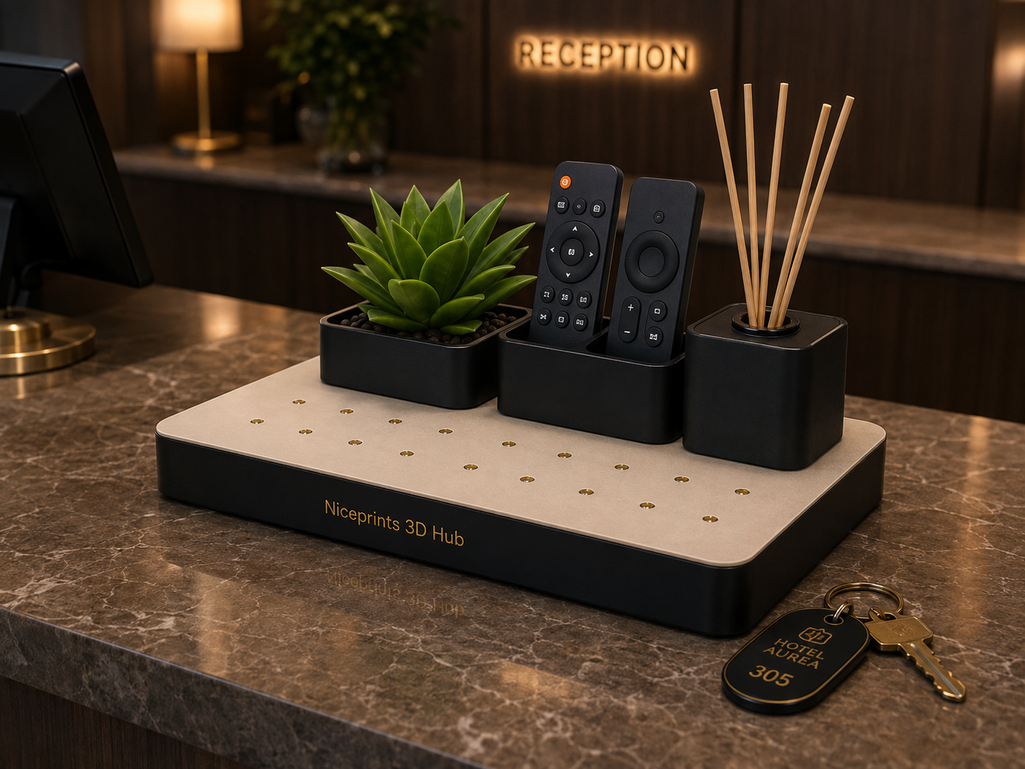 Niceprints 3D Hub Hotel Reception Set – branded card tray, plant, reed diffuser and remote holder on marble counter