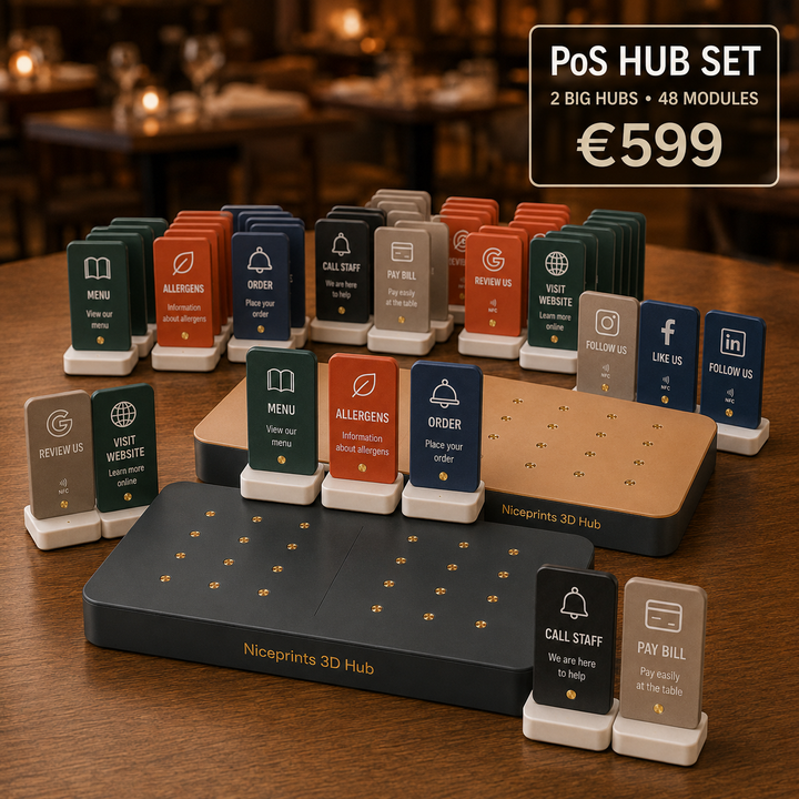 PoS Hub Set – beide Hubs nebeneinander mit allen NFC-Modulen, Preisschild €599