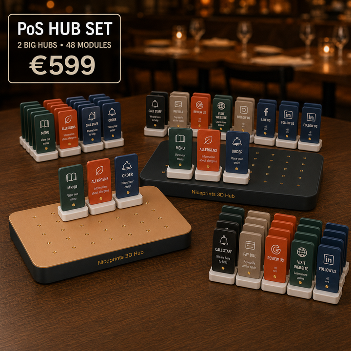 PoS Hub Set – großer schwarzer Hub mit aufgesteckten Modulen, Restaurantambiente