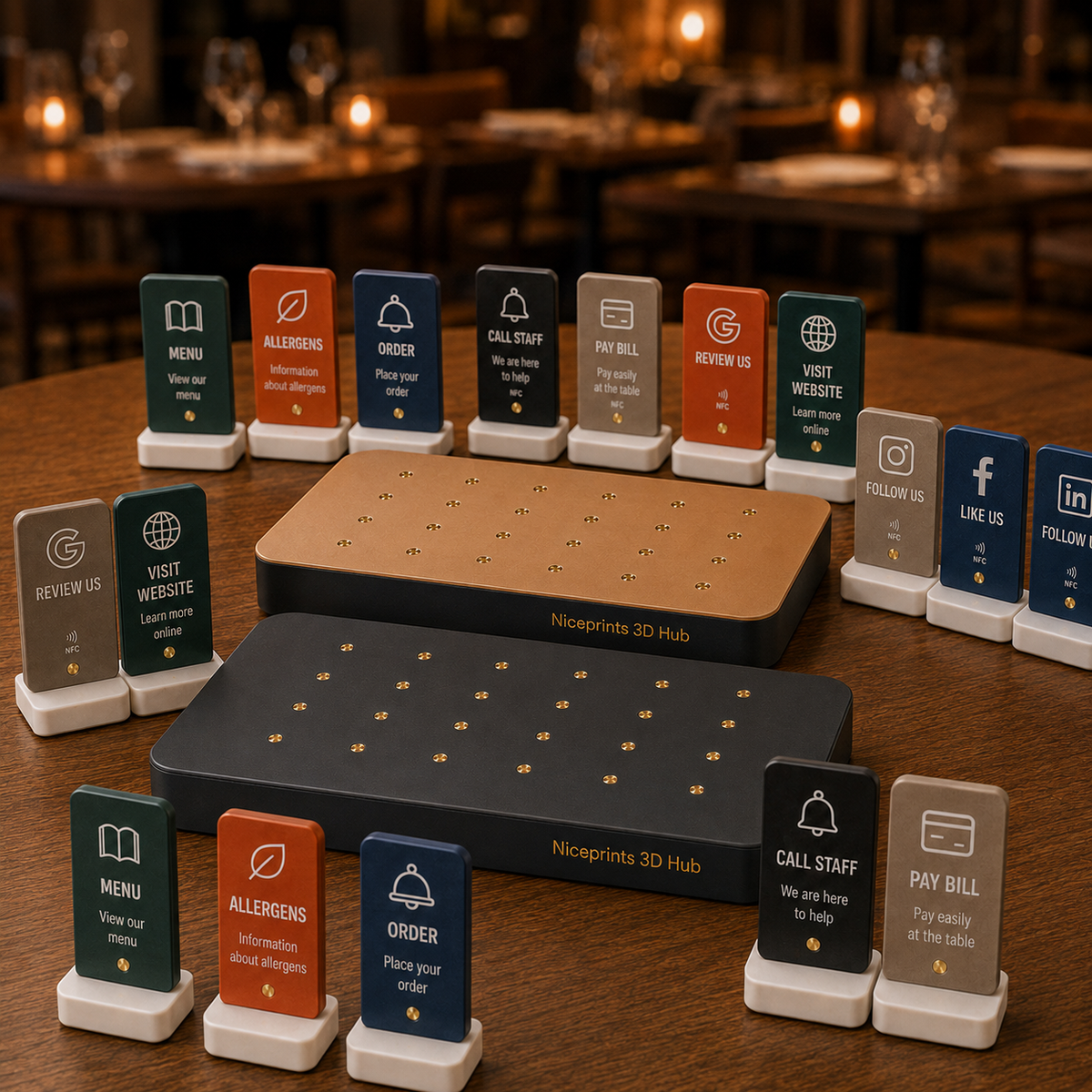 PoS Hub Set – alle Module ausgelegt, Draufsicht auf Restauranttisch