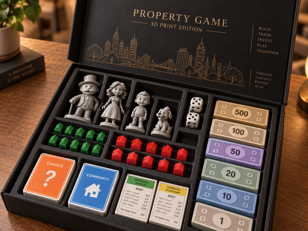 Property Game 3D Brettspiel mit Spielfeld, Figuren, Häusern, Karten, Geld und Würfeln