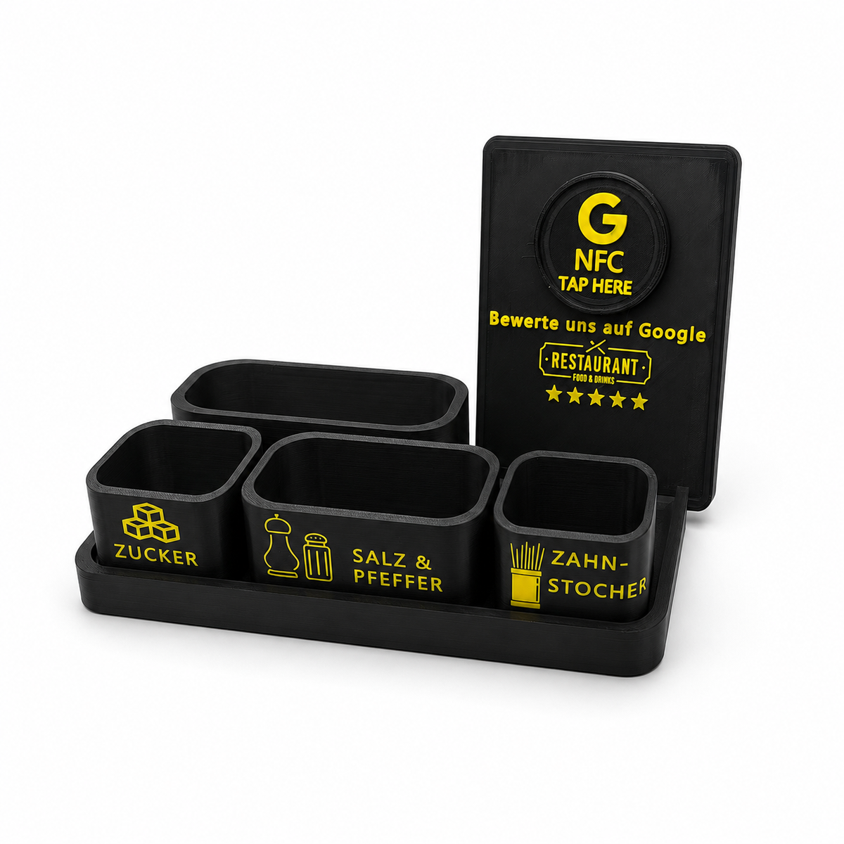 Schwarzer 3D-Gewürzhalter mit NFC Google-Bewertungsschild und Fächern für Zucker, Salz, Pfeffer und Zahnstocher