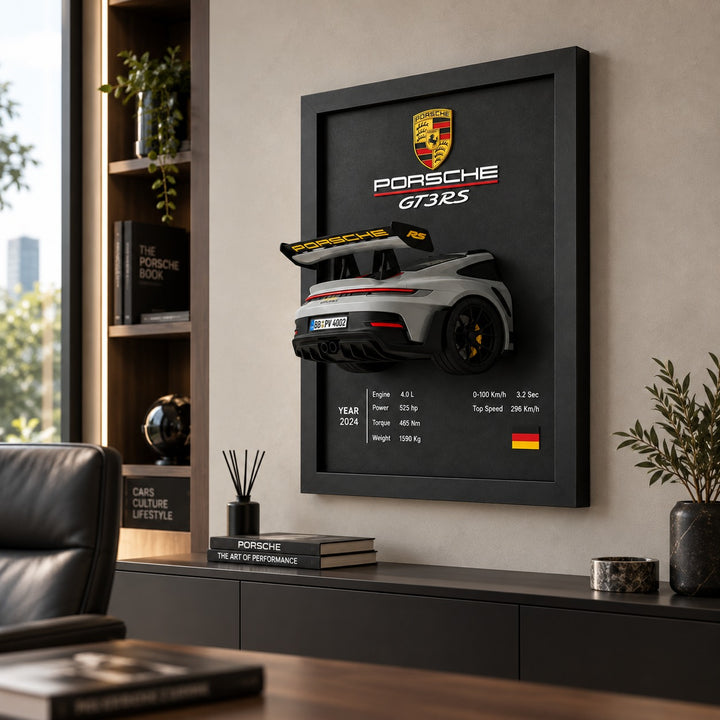 3D Wandbild Porsche 911 GT3 RS in schwarzem Rahmen, Vorderansicht