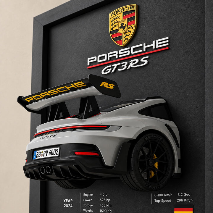 Detailansicht des plastischen Porsche 911 GT3 RS Wandbilds