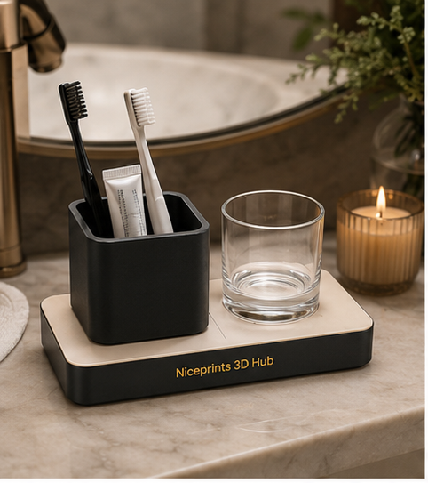 Niceprints 3D Hub – cotton pad holder and serum bottles on bathroom counter