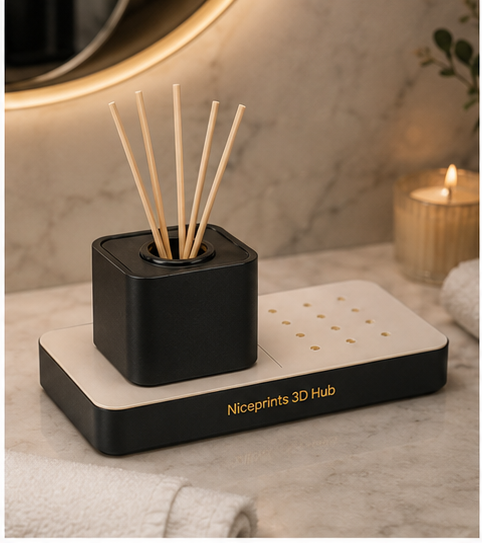 Niceprints 3D Hub – reed diffuser module on marble bathroom surface