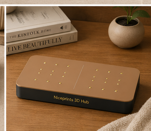 Niceprints 3D Hub Large Desert Tan auf Holztisch mit Büchern und Pflanze