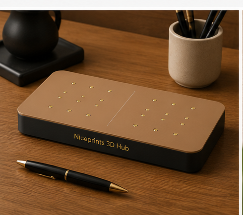 Niceprints 3D Hub Large Desert Tan auf Holzschreibtisch mit Stift und Stiftebecher