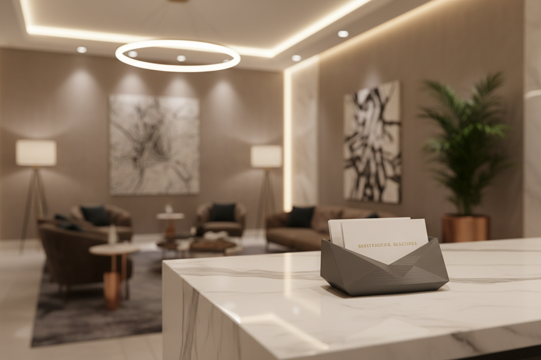 Minimalistischer Visitenkartenhalter auf Hotel-Empfangstheke