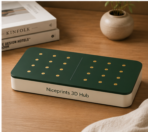 Niceprints 3D Hub Large in Dark Green auf Holztisch mit Büchern und Pflanze