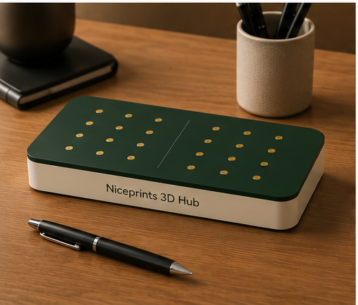 Niceprints 3D Hub Large in Dark Green auf Holzschreibtisch mit Stift und Stiftebecher