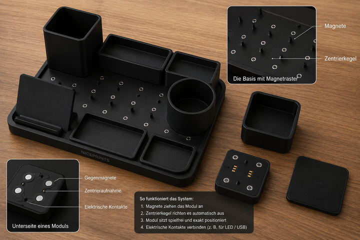 Niceprints 3D Hub mit Magnetraster und modularen Aufsätzen